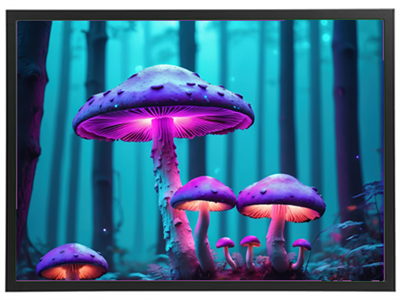 Et farverigt billede af store svampe, der lyser op i en mystisk skov med blålige nuancer.