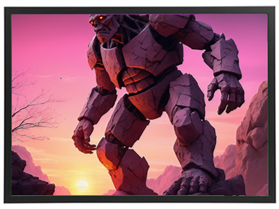 En stor, stenhugget figur står majestætisk i en farverig solnedgang, omgivet af bjerge.