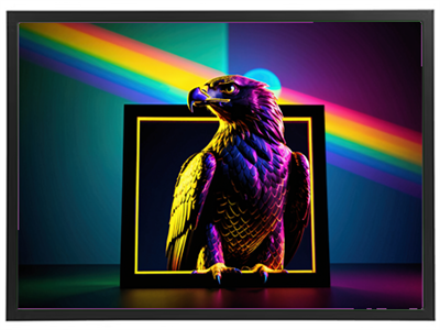 Et digitalt billede af en ørn i stærke farver, indrammet med lysstråler i baggrunden.