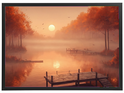 Et malerisk landskab med en sø, træer i efterårsfarver og en solnedgang.