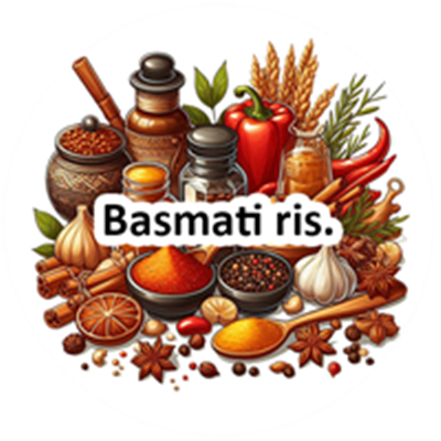 En farverig samling af basmati ris, krydderier og ingredienser til madlavning.