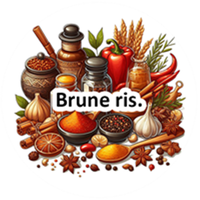 En samling af krydderier, ris og ingredienser til at lave brune ris.