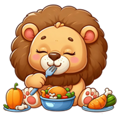 En tegneserie-lignende løve spiser gladeligt fra en skål fyldt med grøntsager og kød.