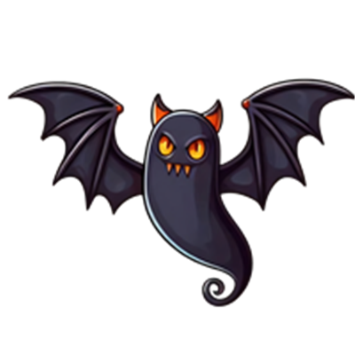 Et farverigt, cartoonagtigt spøgelse med flagermusvinger og lysende øjne.