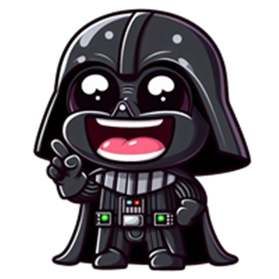 En sød, tegneserieagtig version af Darth Vader med store øjne og et stort smil.