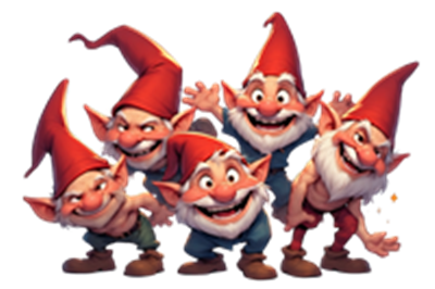 Fem glade nisser med røde hætter og store smil, der poserer sammen.