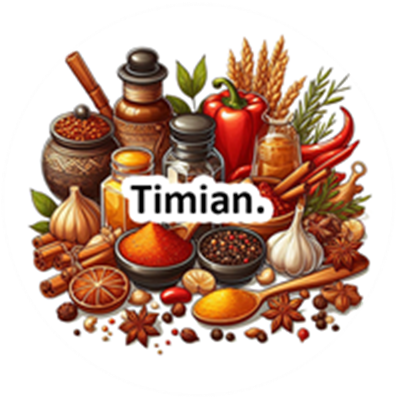 En farverig samling af krydderier, urter og ingredienser til madlavning.