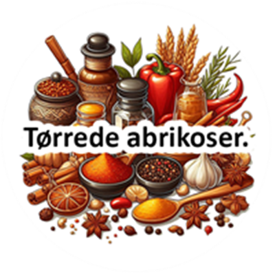 Et farverigt arrangement af krydderier, tørrede abrikoser og ingredienser til madlavning.