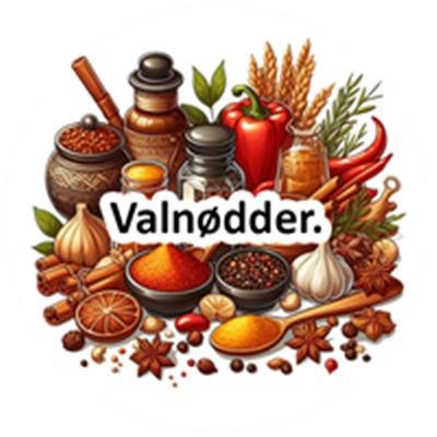 Et farverigt arrangement af krydderier, valnødder og ingredienser til madlavning.