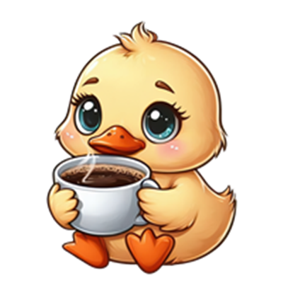 En tegneserieagtig andunge, der holder en kop kaffe med et sødt udtryk.