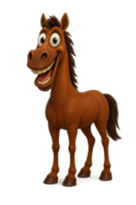 En farverig og venlig hest med et stort smil og karakteristiske træk.