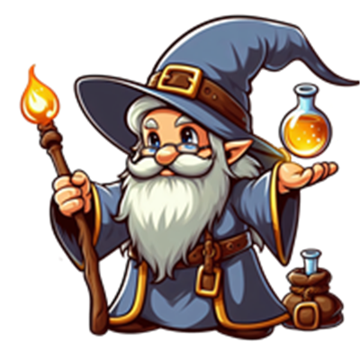 En farverig troldmand med langt hvidt skæg, iført en blå kappe og hat, holder en stav og en eliksir.