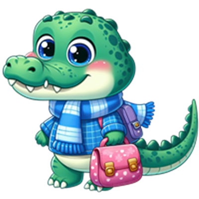 En farverig, tegneserieagtig krokodille iført et tørklæde og en taske.