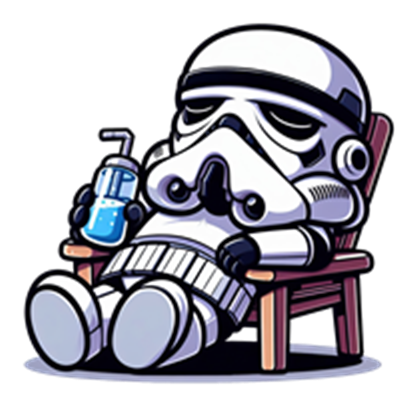 En tegneserieagtig stormtrooper sidder afslappet i en stol med en drink.