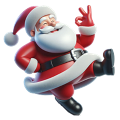 En farverig og glad julemand, der danser og viser et okay tegn.