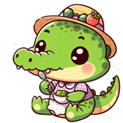 En farverig og nuttet krokodille iført en hat, der spiser en skål med mad.