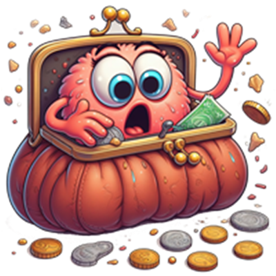 En farverig og sød figur med store øjne, der ser overrasket ud fra en pung fyldt med mønter.