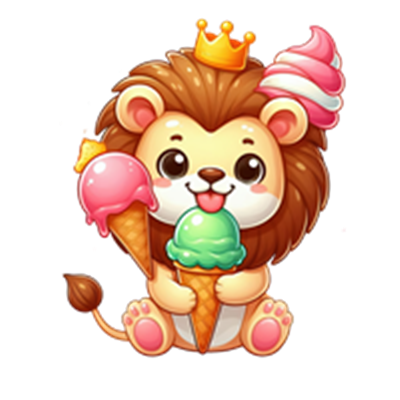 En tegneserie-lignende løve, der sidder med to isvafler og en krone på hovedet.