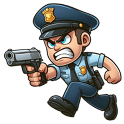 En tegnet politibetjent med et vredt ansigt, der løber med en pistol.