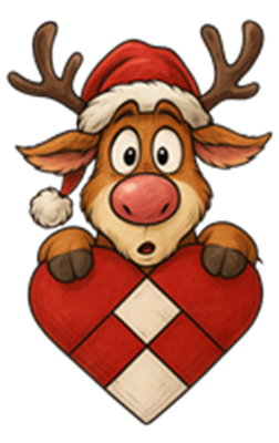 En sød, tegnet hjort iført en julesok og holder et hjerte.