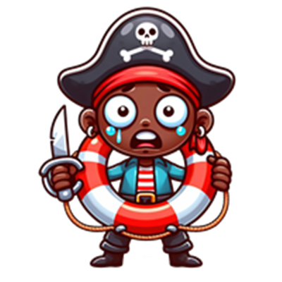 En ung pirat med et skræmt ansigt, holder en kniv og en redningskrans.