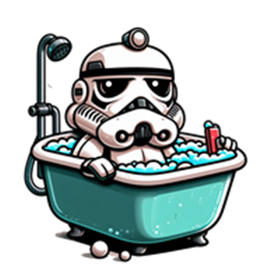 En tegneserieagtig stormtrooper sidder i et badekar fyldt med skum og holder en drink.
