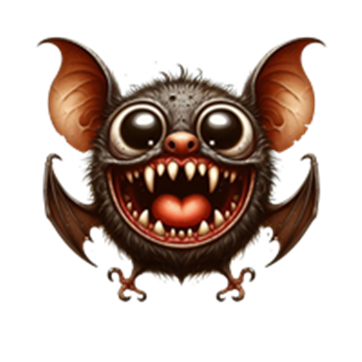 En farverig og humoristisk illustration af en flagermus med store øjne og et bredt smil.