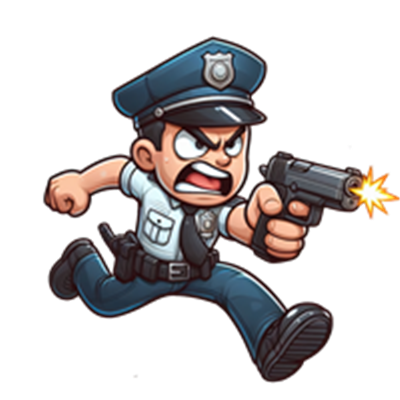 En tegnet politibetjent, der løber og affyrer en pistol, udstråler intensitet.