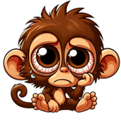 En tegneserieagtig abe med store øjne, der ser trist og eftertænksom ud.