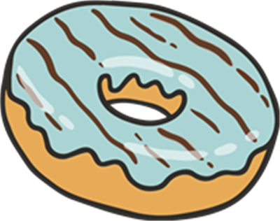 En sød donut med blå glasur og chokolade striber, præsenteret i en tegneserieagtig stil.