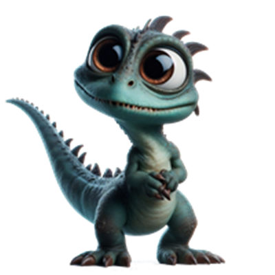 En farverig og venlig dinosaur med store øjne og en legesyg attitude.