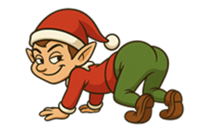 En tegneserieagtig juleven i rød og grøn, der kravler på alle fire.