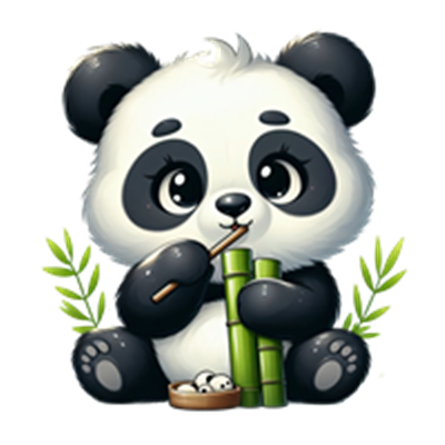 En nuttet panda, der sidder og spiser bambus, omgivet af grønne blade.