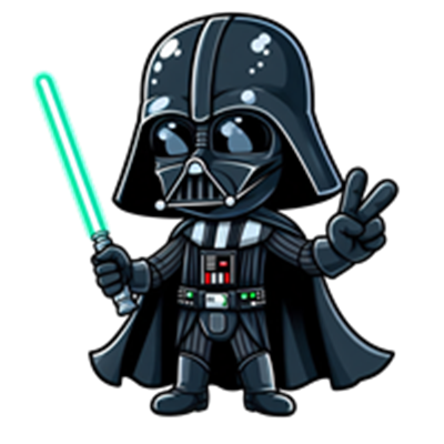En sød og cartoonish version af Darth Vader, der holder et lyssværd og laver fredstegn.