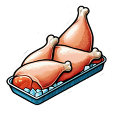 Tre kyllingelår præsenteret på en bakke med isterninger.