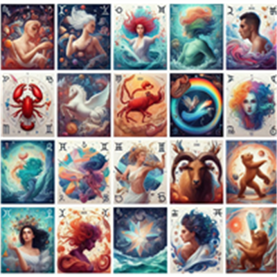 En samling af farverige illustrationer, der repræsenterer forskellige stjernetegn og mytologiske figurer.