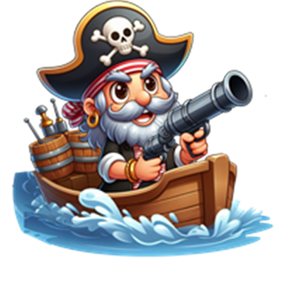 En farverig pirat med grå skæg og øjenklap sejler i en båd, klar til eventyr.