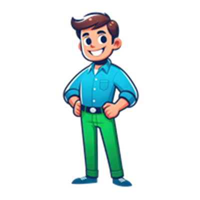 En glad mandlig tegneseriefigur iført en blå skjorte og grønne bukser, der står med hænderne i siden.