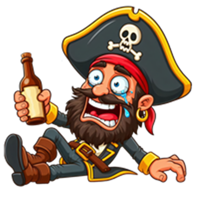 En sjov og overdrevet tegneserie-pirat, der sidder ned med en flaske øl, griner og græder samtidig.