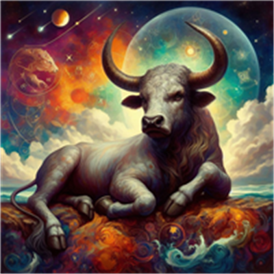 En majestætisk tyr ligger på en farverig baggrund med planeter og stjerner.