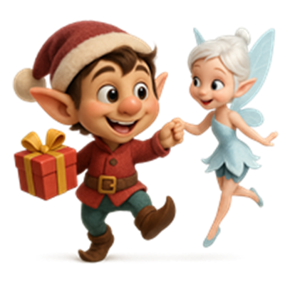 Et festligt billede af en nisse i julesweater og en fe, der holder hænder og smiler.