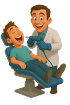 En tandlæge udfører behandling på en glad patient i en tandlægestol.