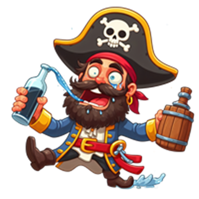 En farverig og humoristisk pirat med stort skæg, der drikker fra en flaske og bærer en tønde.