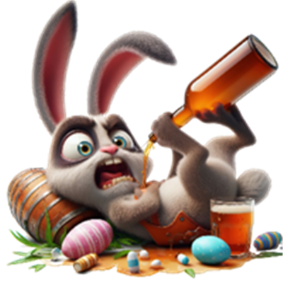 En sjov kanin, der drikker øl og ligger blandt farverige påskeæg og en tønde.