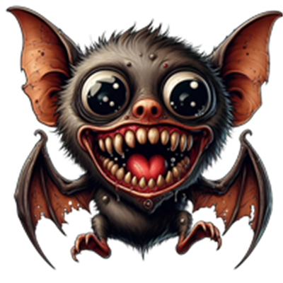 En farverig og karikeret flagermus med store øjne og et stort smil, der ser både sjov og skræmmende ud.
