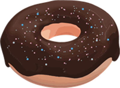 En illustreret donut dækket med chokoladeglasur og farverige perler.