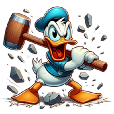 En energisk and med hammer, der bryder gennem væggen, iført blå hat og skjorte.