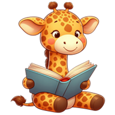 En sød, tegnet giraf, der sidder og læser en bog med et smil.