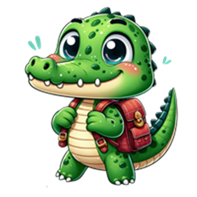 En farverig, tegneserieagtig krokodille med store øjne og en rygsæk, der ser venlig ud.