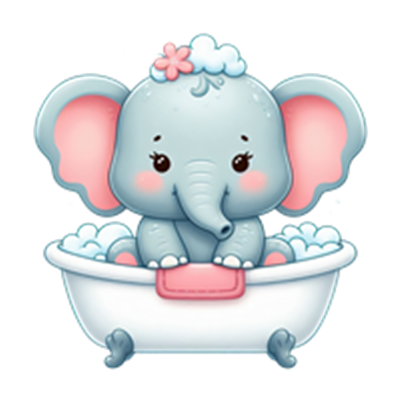 En sød, grå elefant med lyserøde ører sidder i et badekar fyldt med skum.